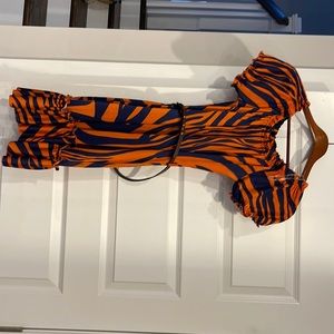 Navy blue & orange silky material dress, NWT!! Super cute with brown buckle belt